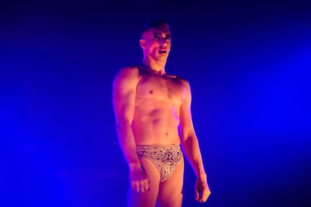 Male performer from the Little Death Club cabaret show in skimpy sequin underpants