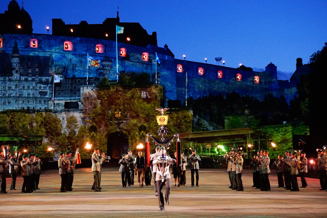 German military performers at The Royal Edinburgh Military Tattoo in front of Edinburgh Castle