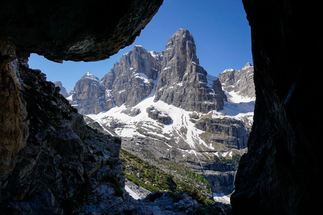 Dolomiti di Brenta along the trail to Rifugio ai Brentai framed by rock