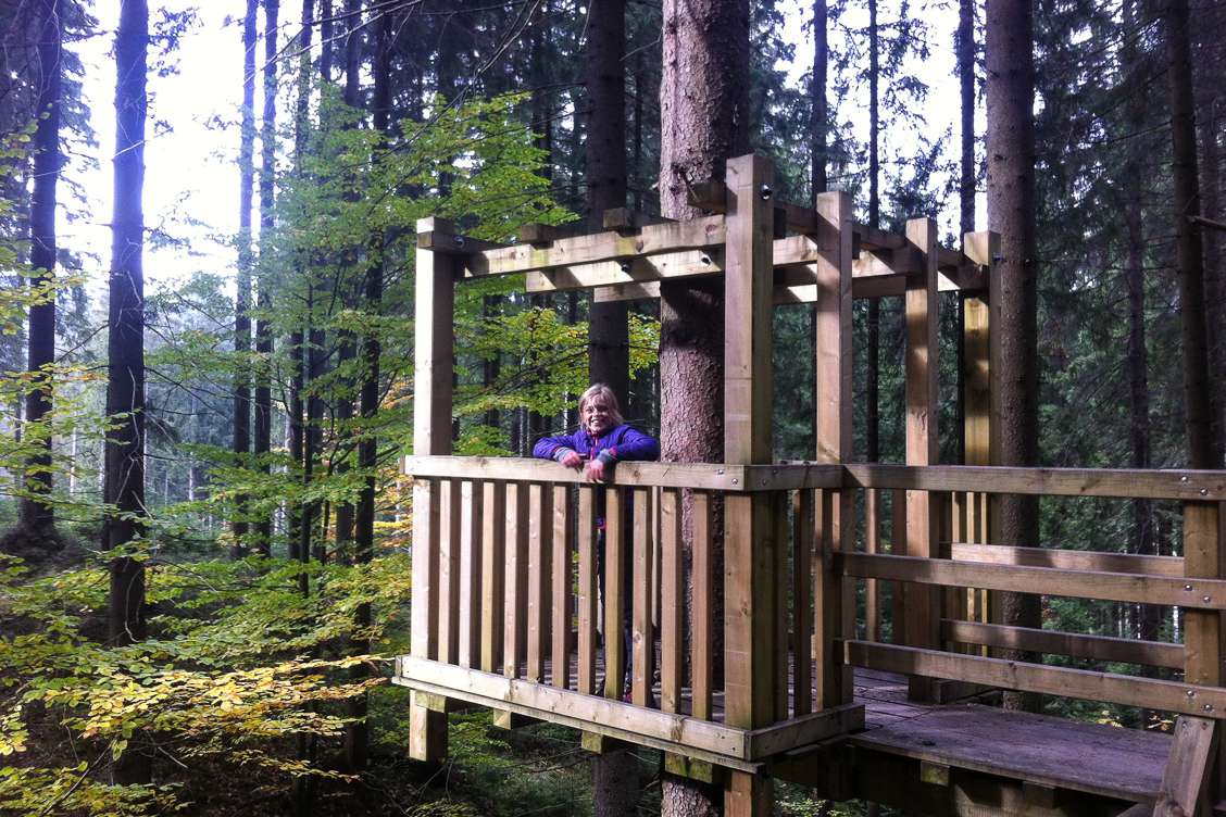 Photo of Alexandra's Daughter standing in a wooden treehouse amongst the trees in Beskydy