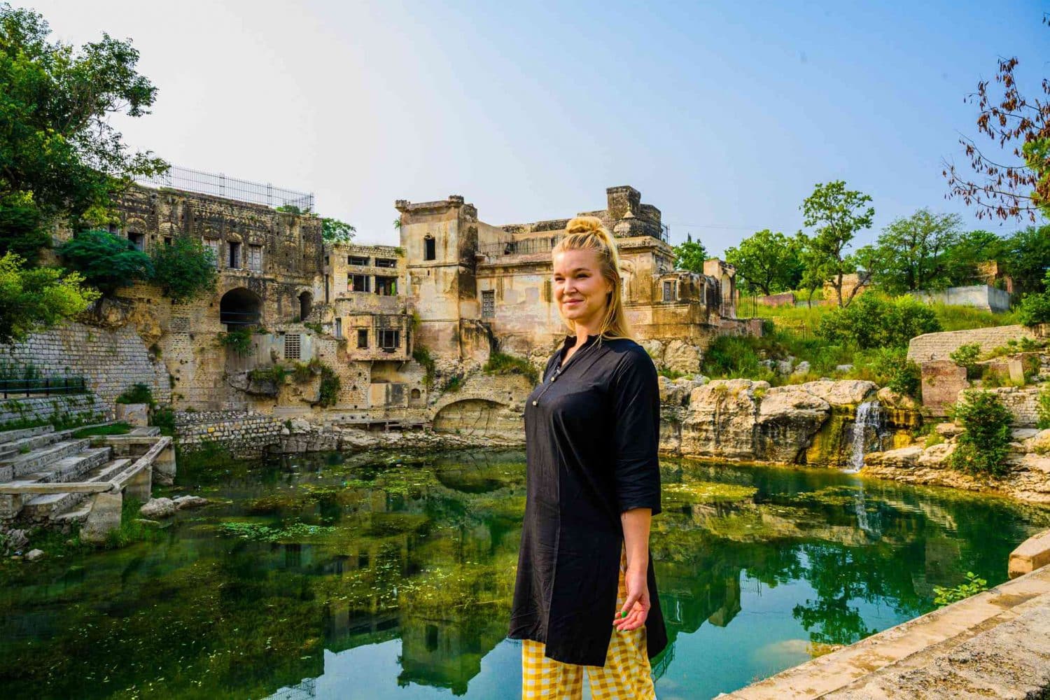 Photo of our friend in front of Katas Raj in Pakistan