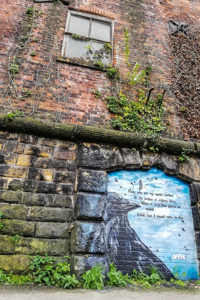 Street art of a crow along Victoria Quays Sheffield during outdoor activities in Sheffield