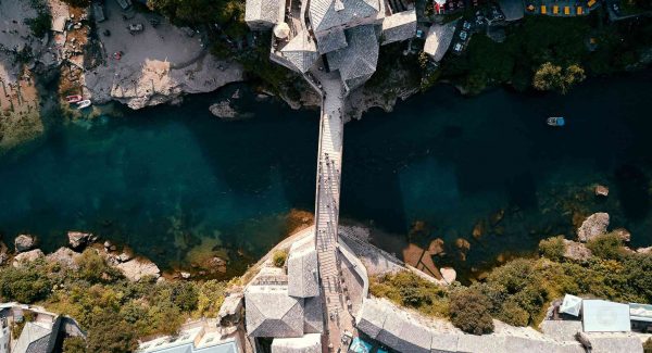 Aerial view of Mostar Bridge