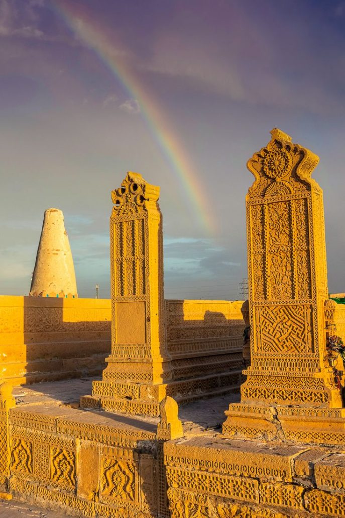 Photo of two tombstones at the tomb of the Seven Sisters in Sukkur