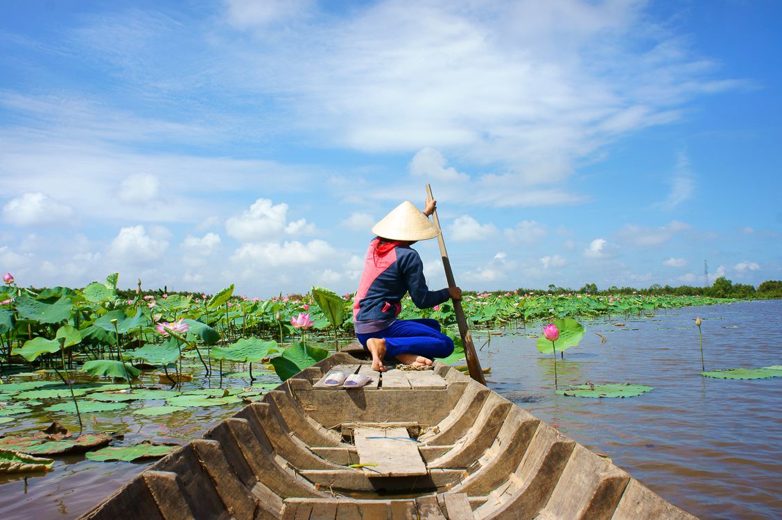 Photo from inside a longboat with man at the front paddling, wearing a tradional vietnamese hat