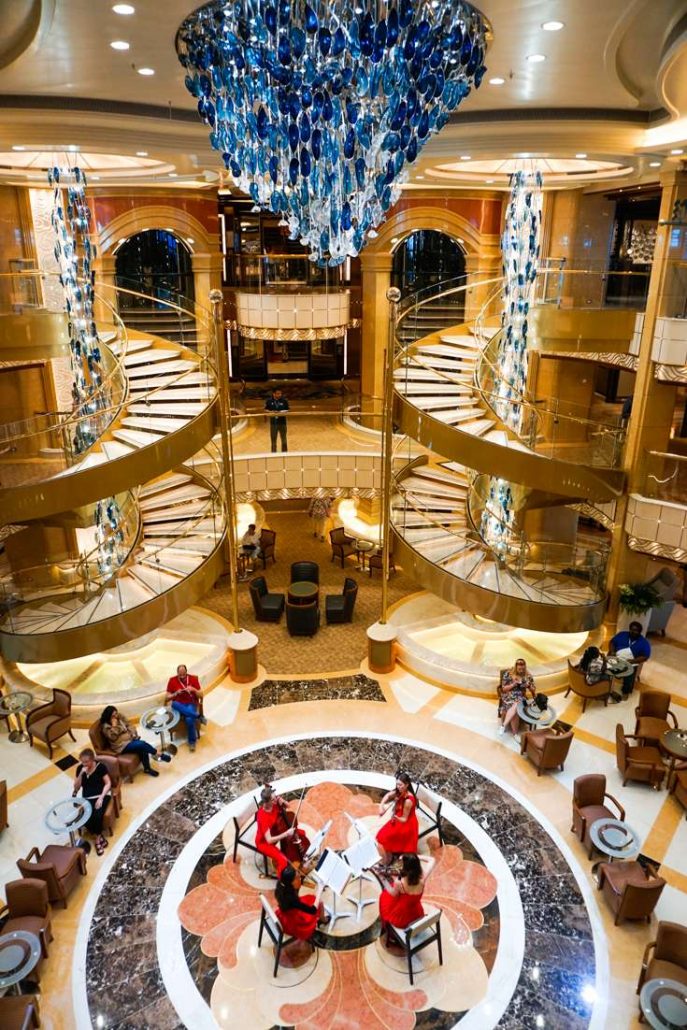 Photo of the Atrium from its marble floors to stunning blue-glass chandelier