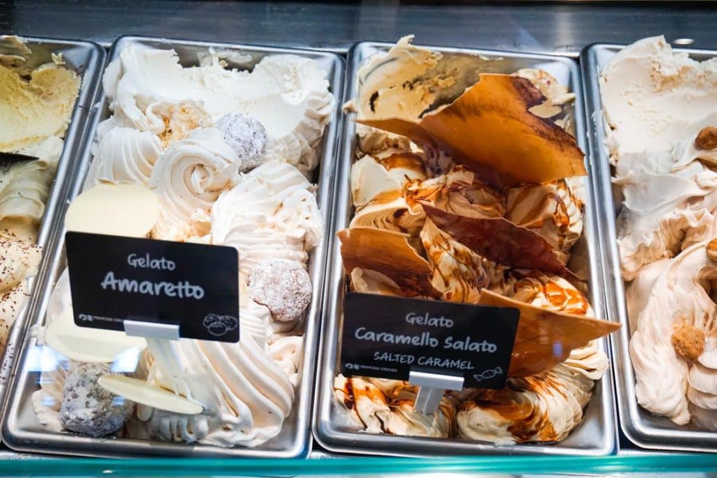 Photo of a few gelato options available in the Atrium including Salted Caramel and Amaretto
