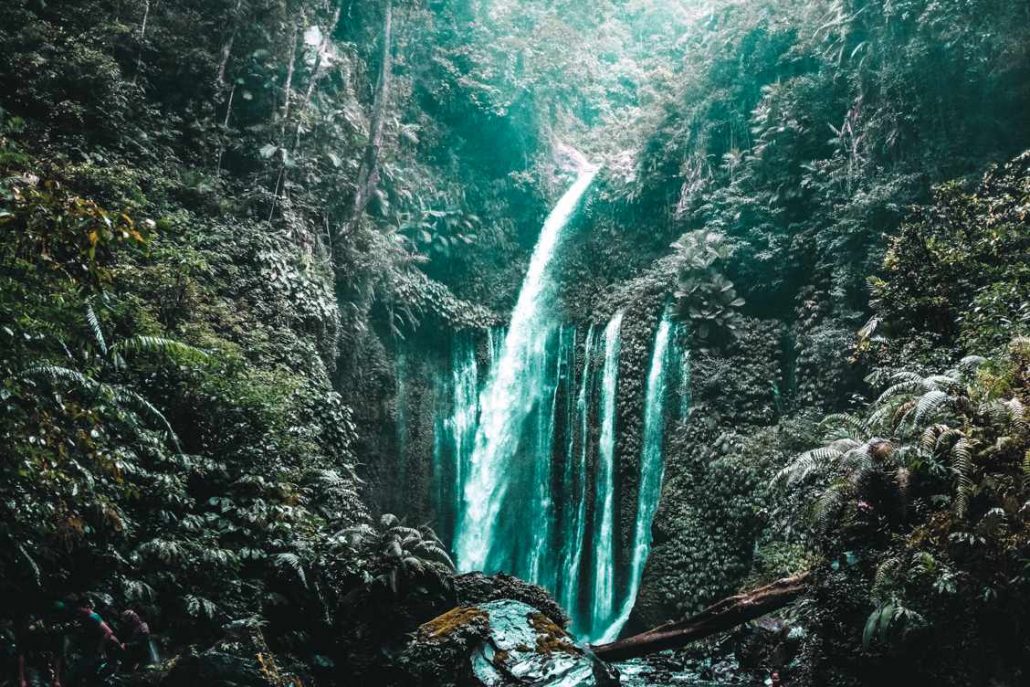 A beautiful tall waterfall deep within the jungle of Lombok Indonesia