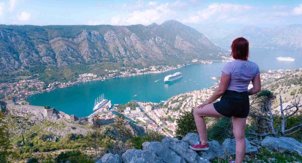 Photo of Alice looking out to the bay from the second viewpoint at the Ladder of Kotor