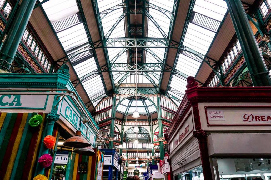 Looking up inside Leeds Kirkgate Market at the stunning architecture