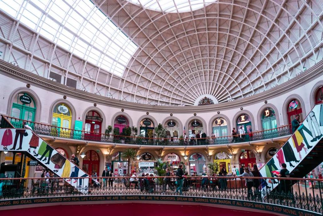 The stunning interior of Leeds Corn Exchange with its curved dome structure and twisting staircases