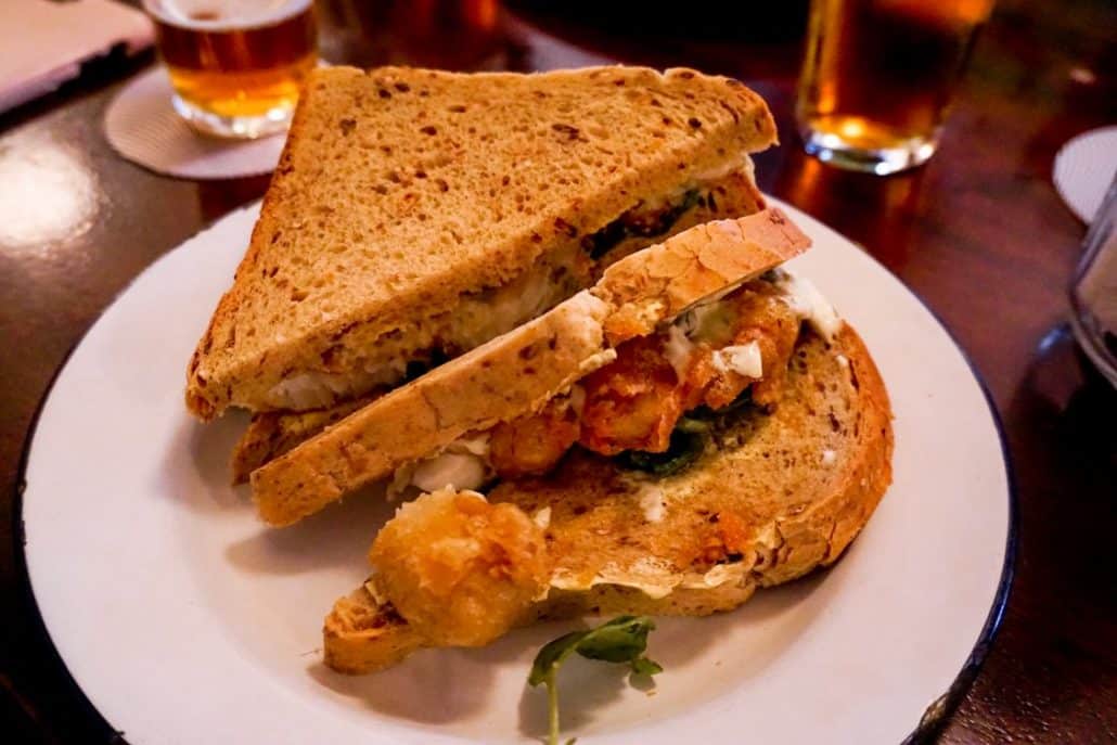 A golden and crunchy fish finger sandwich from Whitelocks Pub in Leeds