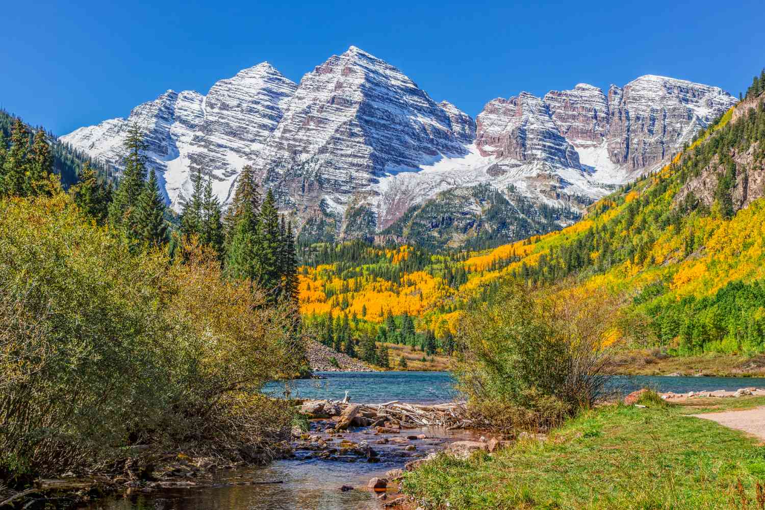 View of Maroon Bells in Colorado during Fall